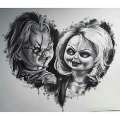 a drawing of two people in the shape of a heart, one with an evil face