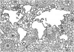 a black and white map of the world with lots of doodled designs on it