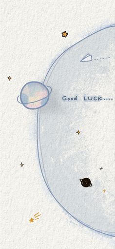 an illustration of a space station with the words good luck written on it's side