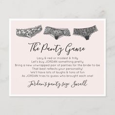 the party game is written on a card with two panties in black and white ink