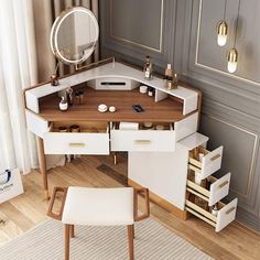 a white desk with drawers and a mirror on the wall next to a chair in front of it