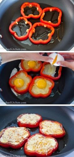 the process of making stuffed peppers is shown in three different pictures, including one being cooked and then frying