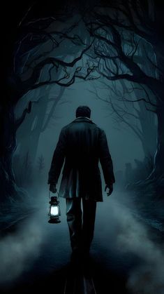 a man walking down a dark road holding a lantern in his hand and wearing a coat