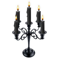 a black candelabra with five lit candles