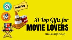 the words 31 top gifts for movie lovers on a yellow background with an image of movies