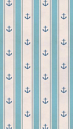 blue and white striped wallpaper with an anchor pattern on the bottom half of it