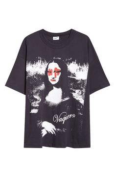 Vaquera utilizes their signature playfulness to reinterpret a masterpiece on this still-recognizable graphic T-shirt. Wholly owned by Comme des Garçons, this brand is part of Dover Street Market Paris, created with the goal of bringing emerging brands to market. 30" length (size Medium) Crewneck Short sleeves 100% cotton Dry clean Made in Turkey Designer Clothing Artistic Oversized Graphic Print T-shirt, Oversized Artistic Graphic Print T-shirt, Artistic Oversized T-shirt With Graphic Print, Artistic Oversized Graphic Tops, Dover Street Market, Street Market, The Goal, Mona Lisa, Graphic T Shirt