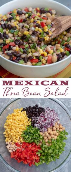 mexican bean salad in a glass bowl with wooden spoon and title text above the image