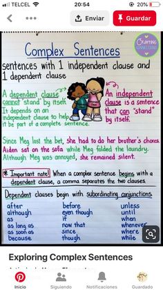 a poster with some writing on it that says complex sentences and an image of two children