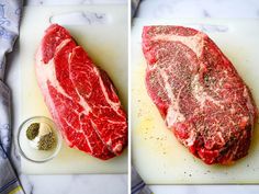 two pictures of raw meat and seasoning on a cutting board