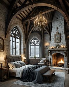 a large bedroom with a fireplace and chandelier in the center, along with an arched ceiling