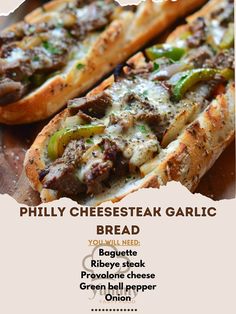 the menu for philly cheese steak garlic bread is displayed on a wooden board with an image of two hot dogs