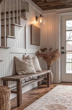 Different Color Rooms In House, Magnolia Entryway Ideas, Cozy Cottage Entryway, Country Cottage Entryway, Entryway By Stairs Ideas, Entryways With Stairs, Country Foyer, Country Home Ideas, Country Home Style