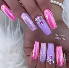 Pink And Purple Glitter Nails, Swarovski Nails Designs, Unicorn Nails Designs, Purple Glitter Nails, Purple Nail Designs, Unicorn Nails, Stylish Nails Designs, Purple Nail