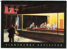 a painting of people sitting at tables in front of a store window with their dogs on the sidewalk