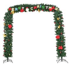 an arch decorated with christmas decorations and stars on the top, in front of a white background