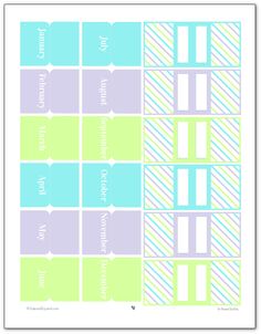 the printable planner is shown in pastel blue, green and white colors with vertical stripes