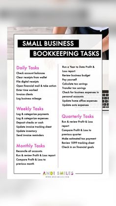 the small business bookkeeping tasks list is shown in pink and black, with an image of