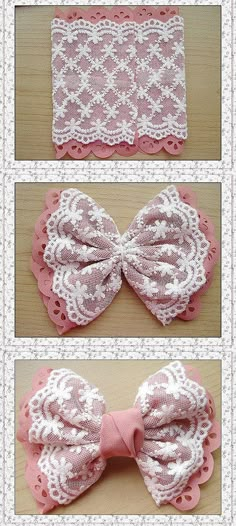 three pictures of different types of bows on top of each other in pink and white