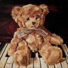 a painting of a teddy bear sitting on top of a piano