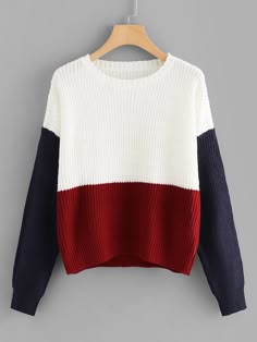 Jersey de punto color block-Spanish SheIn(Sheinside) Sweatshirt Outfit Winter, Drop Shoulder Sweater, Sweatshirt Outfit, Drop Shoulder Sweaters, Fashion Deals, Other Outfits, Color Block Sweater, Knit Outfit, Knit Fashion