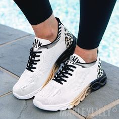 up close of scallop sneakers - white leopard Pretty Sneakers For Women, Work Outfits With Tennis Shoes, Western Sandals, Women Tennis Shoes, Monogram Shoes, Colored Sneakers, Fashion Tennis Shoes, Pretty Sneakers, Tennis Shoes Outfit