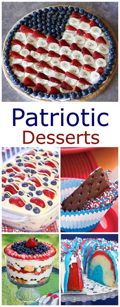 patriotic desserts with red, white and blue icing on them are featured in this collage