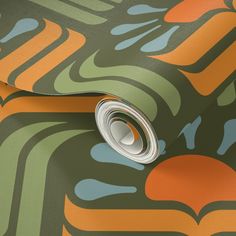 an orange, green and blue abstract wallpaper with swirly lines on it's surface