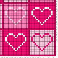 a cross stitch pattern with hearts in pinks and white on the bottom, along with other patterns