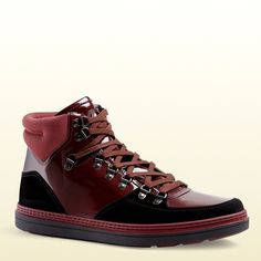 Gucci Men'S Leather Suede Contrast Combo High-Top Sneaker Red 368496 1078 Red Sole Leather High-top Lace-up Sneakers, Leather High-top Sneakers With Red Sole, Red High-top Sneakers For Walking, Gucci Red High-top Sneakers, Red High-top Gucci Sneakers, Gucci Winter Boots With Round Toe, Low-top Leather Boots With Rubber Heel Cap, Gucci Leather Boots For Winter, Red Sole Leather High-top Sneakers