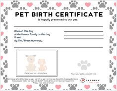 a pet birth certificate with paw prints on the front and back, it is blank for you to print