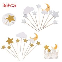 gold and silver stars and moon cupcake toppers on sticks with white paper bags