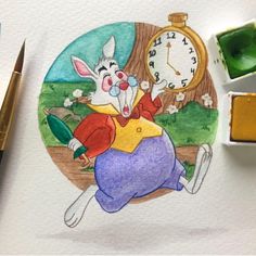 a drawing of a cartoon character with a clock in the background