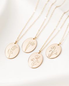 "Presenting our new Birth Month Flower Necklace🎕 These one of a kind engraved necklaces make the most unique birthday gift to celebrate your special day ♡ Choose the flower which represents your desirable birth month and wear it around your neck forever. The perfect personal present to your favorite person.. ♥ Each necklace is engraved especially for you. ♥ Please refer to our birth flower chart in pic#5. DETAILS * Materials : 14k Gold Filled and Sterling Silver. * Disc Size : Oval 13*16 mm. * Birth Flower Necklace Gold, Birth Month Flower Necklace, Delicate Oval Pendant Birth Flower Jewelry, Delicate Oval Pendant Jewelry With Birth Flower, Elegant Oval Pendant Jewelry With Birth Flower, Dainty Birth Flower Necklace As Gift For Her, Delicate Birth Flower Pendant Necklace, Mother's Day Dainty Flower Pendant Necklace, Dainty Flower Pendant Necklace As Gift For Mom