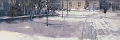 a painting of people walking down a snowy street in the winter with buildings and trees