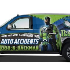 a vehicle wrap design for an auto accident repair company, featuring a man in green and blue