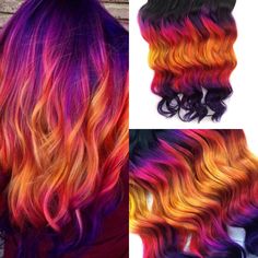 Fall Ombre Hair, Rainbow Dyed Hair, Exotic Hair Color, Flame Hair, Sunset Hair, Tie Dye Hair, Fall Ombre, Tape Ins, Lipstick Hacks