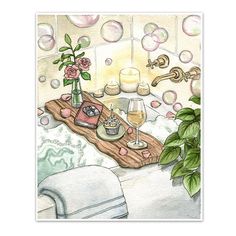 a watercolor painting of soap bubbles and flowers on a bed with a tray of food