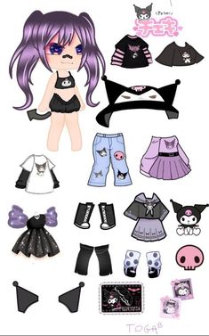 an assortment of doll clothes and accessories for dolls with purple hair, wearing cat ears