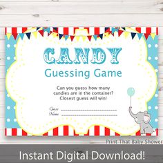 printable candy guess game with an elephant holding a balloon