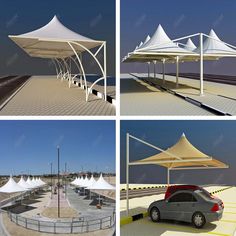 four different views of a parking lot with white tents