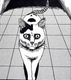 a black and white drawing of a cat walking down a hallway with a hat on it's head