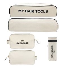 Save $24 on this set! Pamper yourself or delight a loved one with our Cream Pamper Gift Set Deal 3-Pack. Each set includes a Roomy Hair Tools Travel Case, Brushes Case, and My Skin Care Pouch, ensuring your beauty essentials are well-organized – whether you're home or away. Crafted from high-quality natural cotton, this set is all about creating the ultimate pampering experience. Add a personal touch with our monogram option. Whether it's a self-care treat or a touch of luxury while on the move, Skincare Brush, Pampering Gifts, Skincare Organization, Pouch Organizer, Pet Bottle, Monogram Gifts, My Skin, Stay Organized, Beauty Essentials