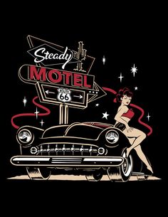 a woman standing in front of a sign that reads speedy motel, with an old fashioned car