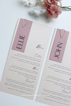 Custom Wedding Menus on Almond Card paired with Rose Nam Tags and our Gold Teardrop Paperclips Wedding Invite Paperclip, Cricut Wedding Menu Cards, Wedding Menu Placecard, Wedding Menus And Place Cards, Wedding Menu Inspiration, Menu And Name Card Wedding, Menu Wedding Ideas, Wedding Menu Design, Wedding Menu Ideas