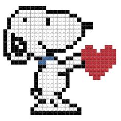 a cross stitch pattern with a black and white dog holding a red heart