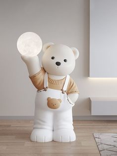 a white bear holding a light up in the air