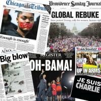 the front pages of newspapers with pictures of people painted on their faces and in different languages