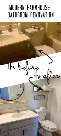 before and after photos of a bathroom remodel with the same color scheme as shown