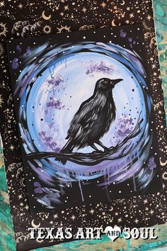 a painting of a black bird sitting on a branch in front of a full moon